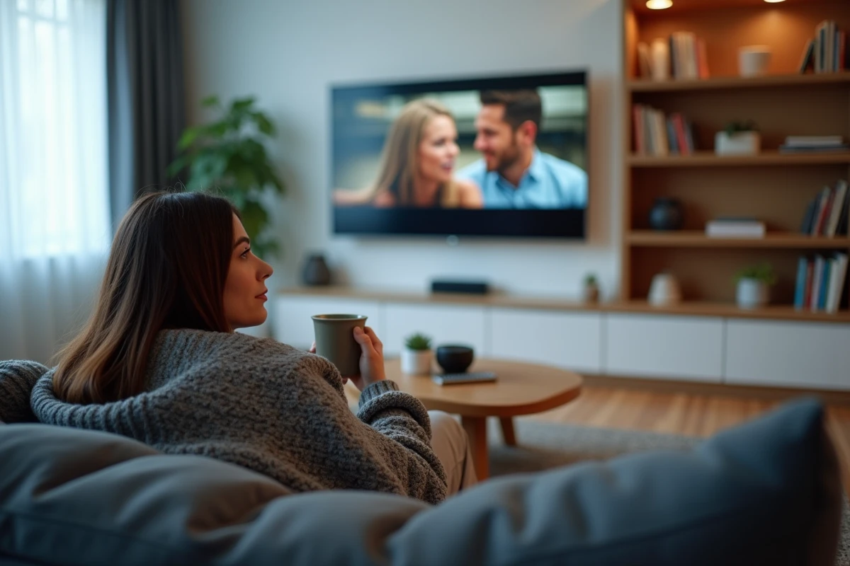 Jeune femme regardant une série en streaming sur son téléviseur dans un salon scandinave cosy