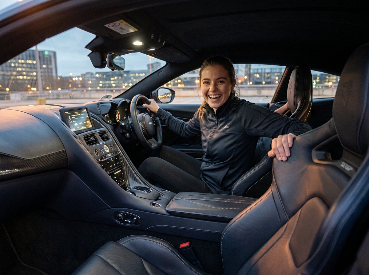 Jeune femme sportive dans l interieur d une voiture moderne