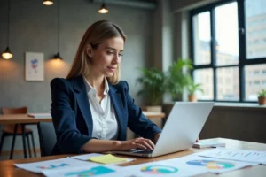 Femme professionnelle analysant une stratégie de marketing en ligne sur un ordinateur portable dans un bureau moderne avec des rapports analytiques
