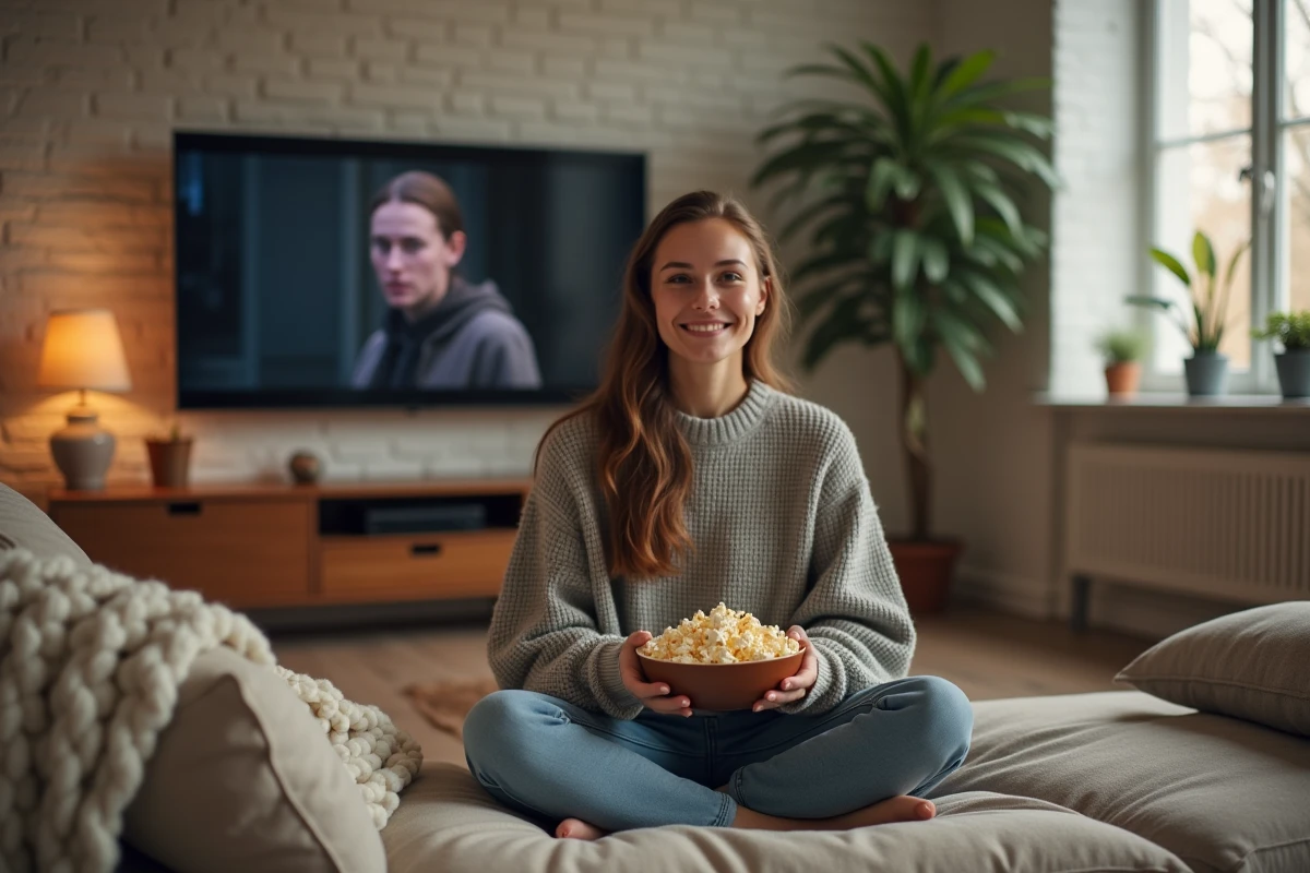 Jeune femme regardant un film en streaming sur son canapé avec un bol de pop-corn dans un salon cosy