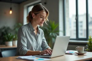 Femme professionnelle consultant des tendances web sur un ordinateur portable dans un bureau moderne