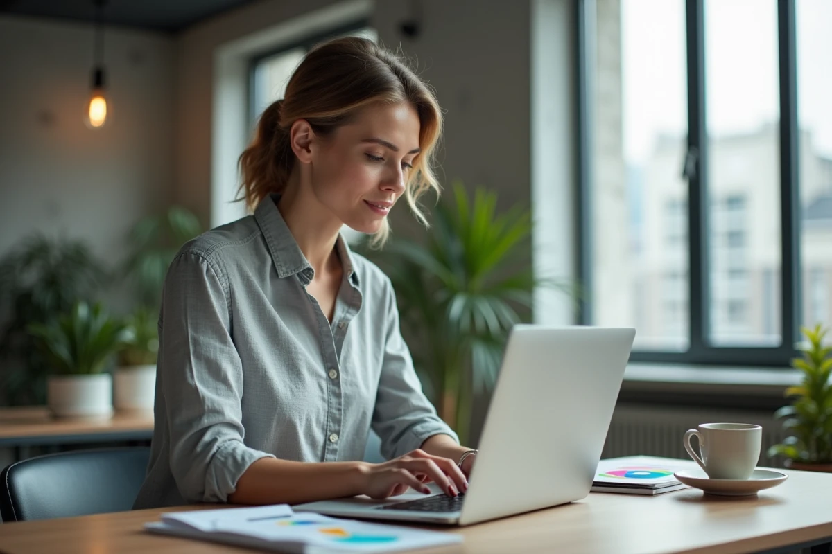 Femme professionnelle consultant des tendances web sur un ordinateur portable dans un bureau moderne