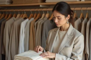 Femme examinant une étiquette de vêtement durable en coton biologique dans une boutique écoresponsable minimaliste