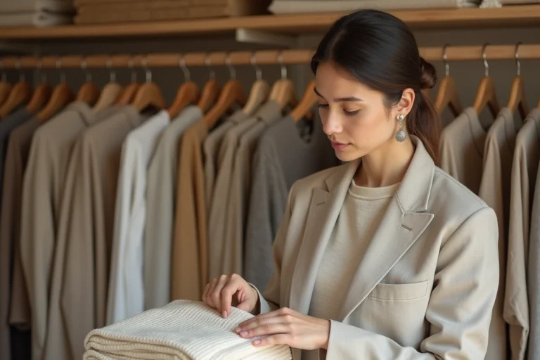 Femme examinant une étiquette de vêtement durable en coton biologique dans une boutique écoresponsable minimaliste