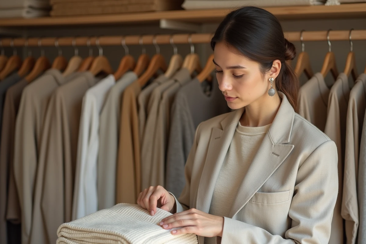 Femme examinant une étiquette de vêtement durable en coton biologique dans une boutique écoresponsable minimaliste