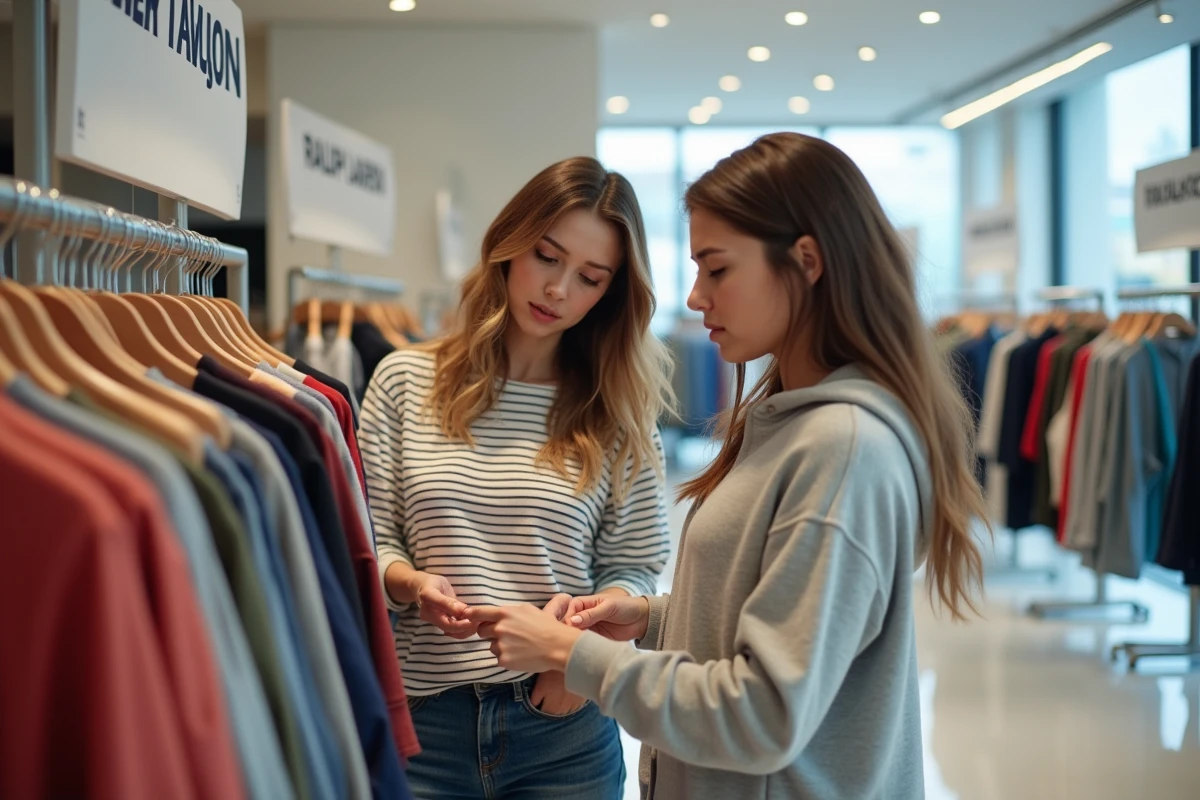 Deux femmes parcourant des rayons de vêtements de marques sportswear haut de gamme concurrentes de Lacoste dans un grand magasin moderne