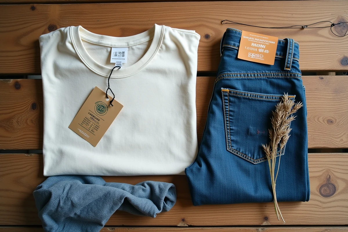 Flat lay de vêtements durables en coton et chanvre avec étiquettes écologiques et données statistiques sur une table en bois recyclé