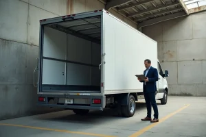 Fourgon utilitaire large garé dans un entrepôt industriel avec un professionnel comparant la largeur du véhicule