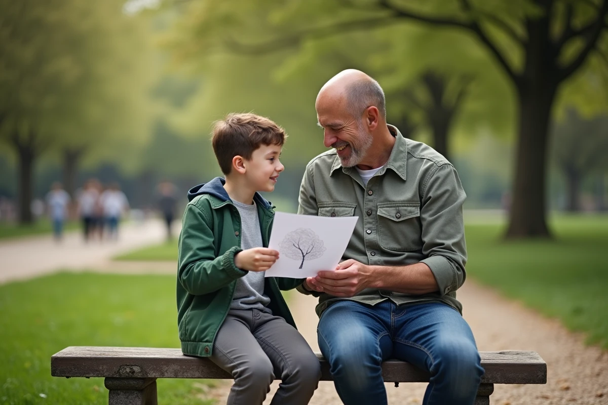 Garçon montrant un dessin à un homme dans un parc en plein air