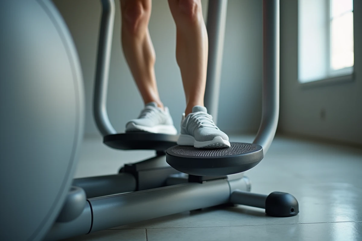 Gros plan sur la position correcte des pieds sur les pédales d'un elliptique avec alignement talon-pointe