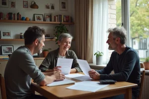Trois adultes autour d'une table à manger moderne