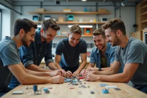 Groupe de jeunes adultes travaillant sur un prototype dans un fablab moderne
