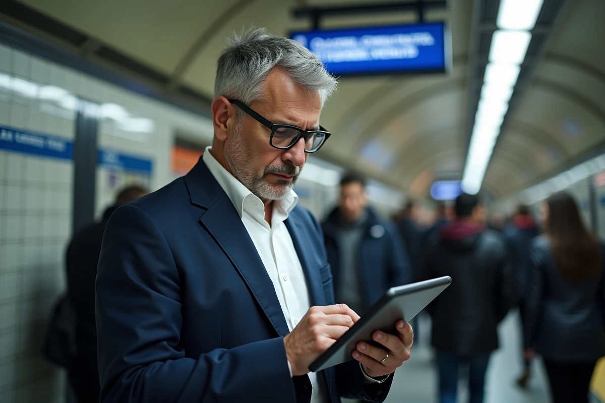 Homme d'affaires lisant les actualités françaises sur une tablette dans le métro parisien