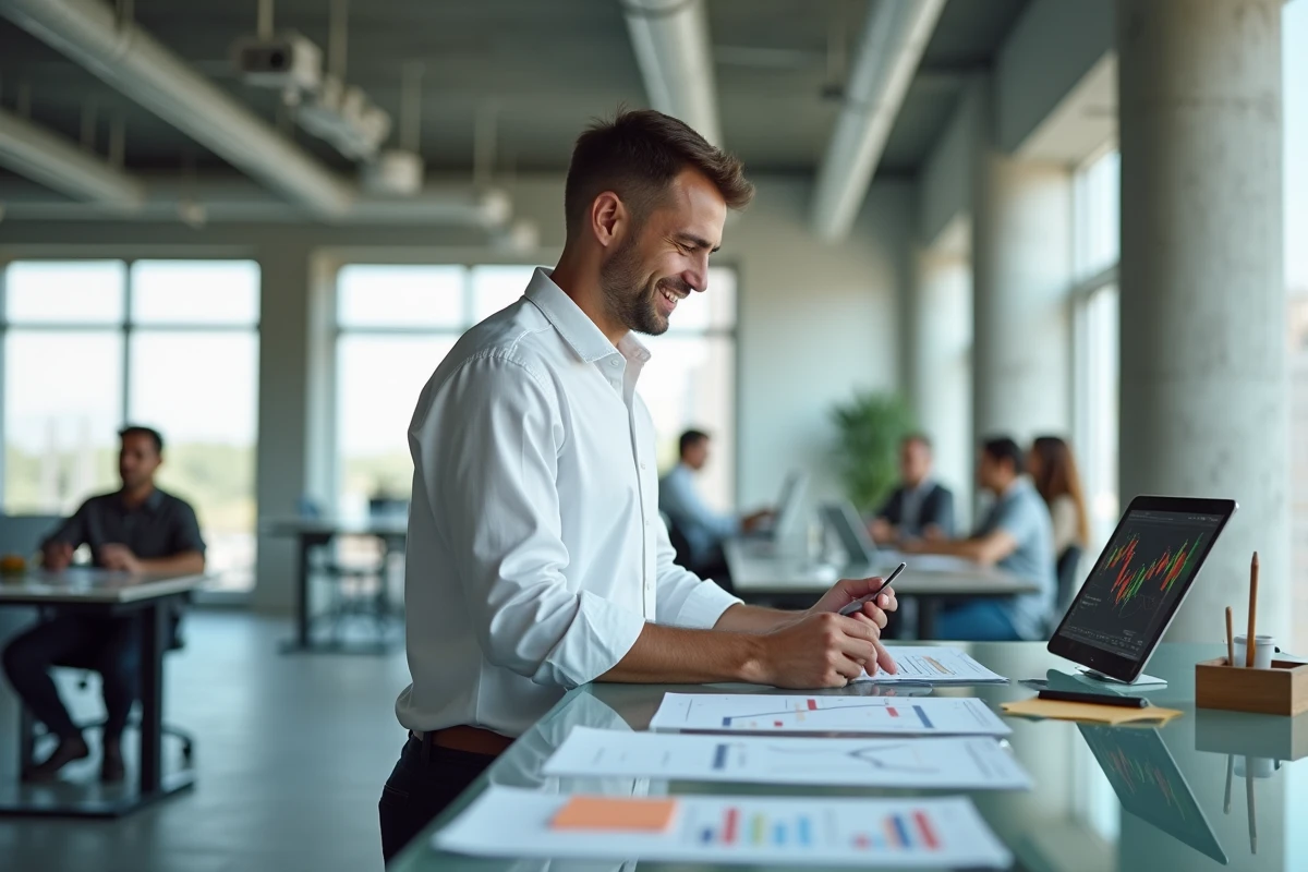 Homme d'affaires debout à son bureau consultant des rapports financiers et des graphiques boursiers