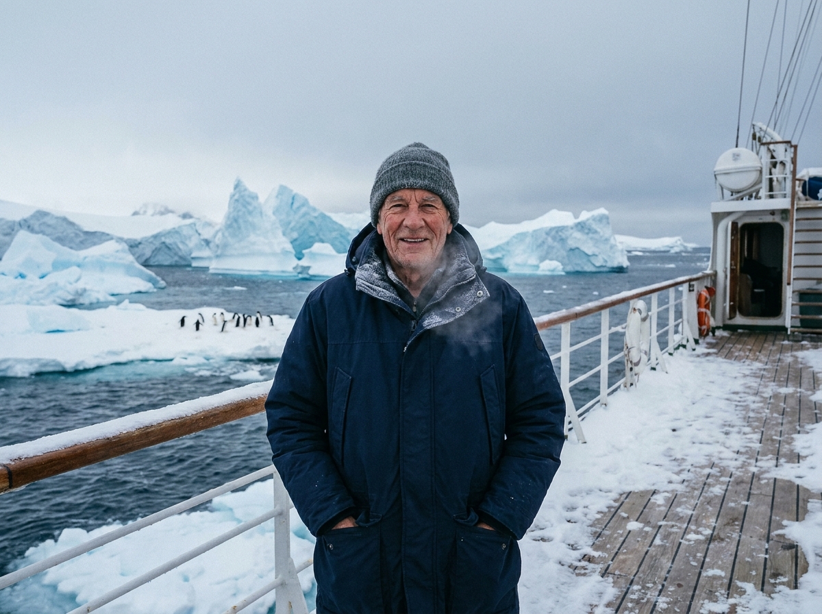 Homme en parka sur un navire en Antarctique avec icebergs et pingouins