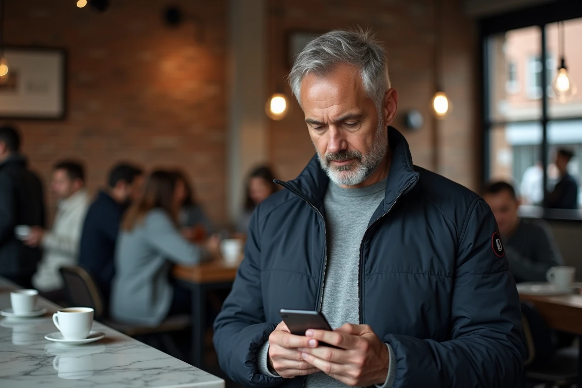 Homme consultant les informations en ligne sur son smartphone dans un café urbain