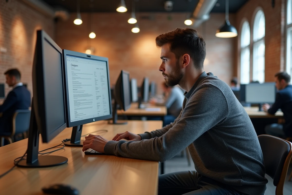 Jeune homme mettant à jour son profil en ligne et son CV dans un espace de coworking moderne