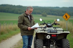 Homme d'âge moyen vérifiant documents près d'un quad en campagne