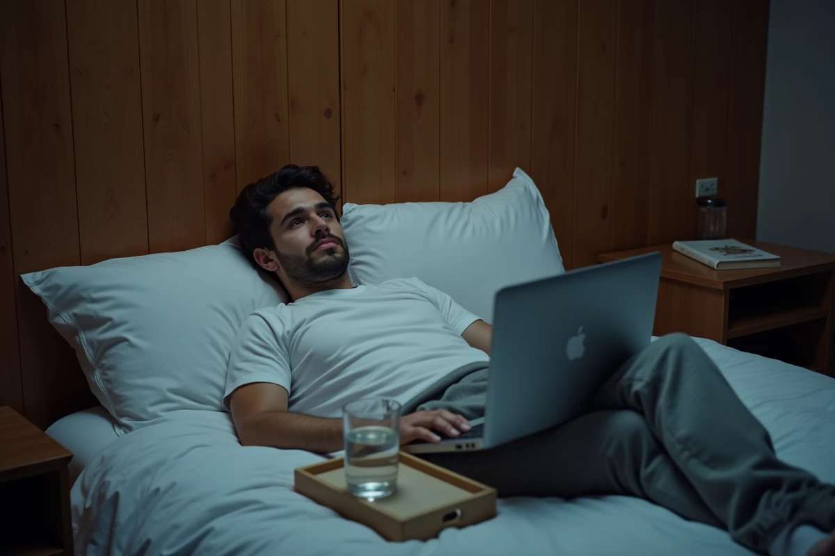 Homme regardant un film en streaming sur son ordinateur portable allongé dans sa chambre le soir
