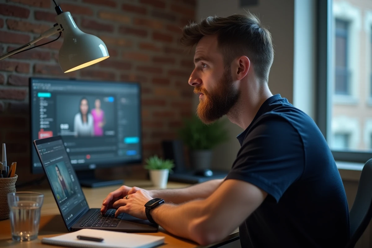 Homme concentré regardant une plateforme de streaming vidéo sur son ordinateur portable dans un bureau à domicile