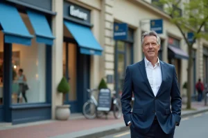 Homme d age moyen devant des boutiques françaises