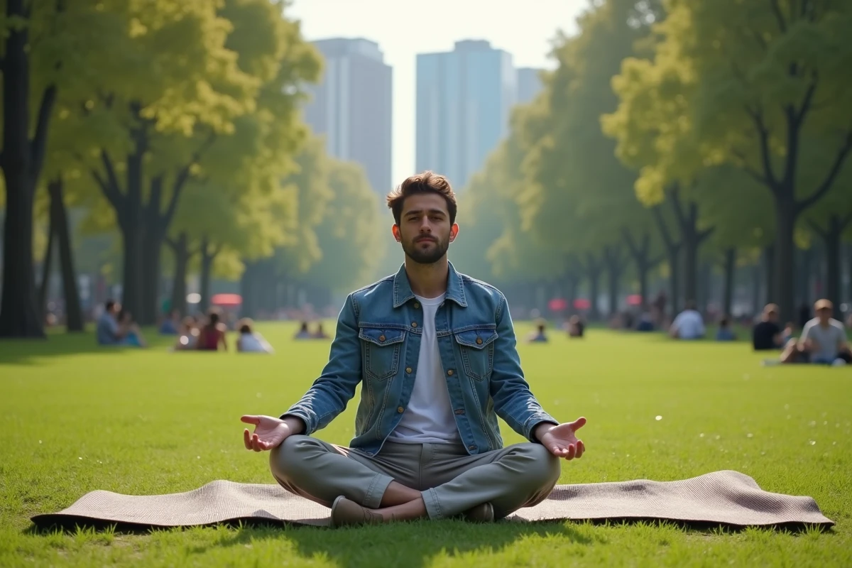 Jeune homme faisant du yoga dans un parc en ville