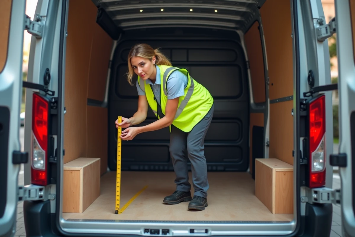 Intérieur spacieux d'un fourgon utilitaire large mesuré par une professionnelle de la logistique