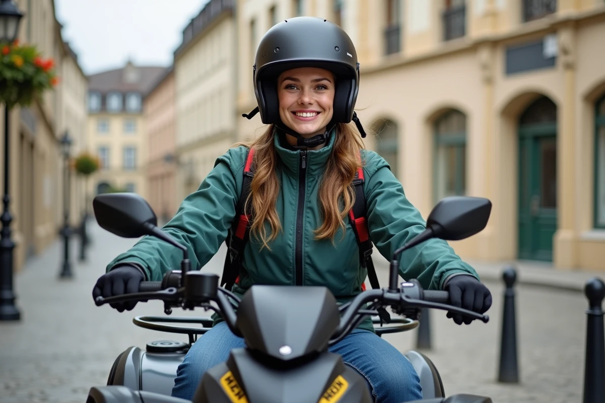 Jeune femme en équipement outdoor sur un quad en ville