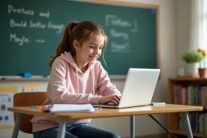Jeune fille de 17 ans concentrée sur son ordinateur en classe