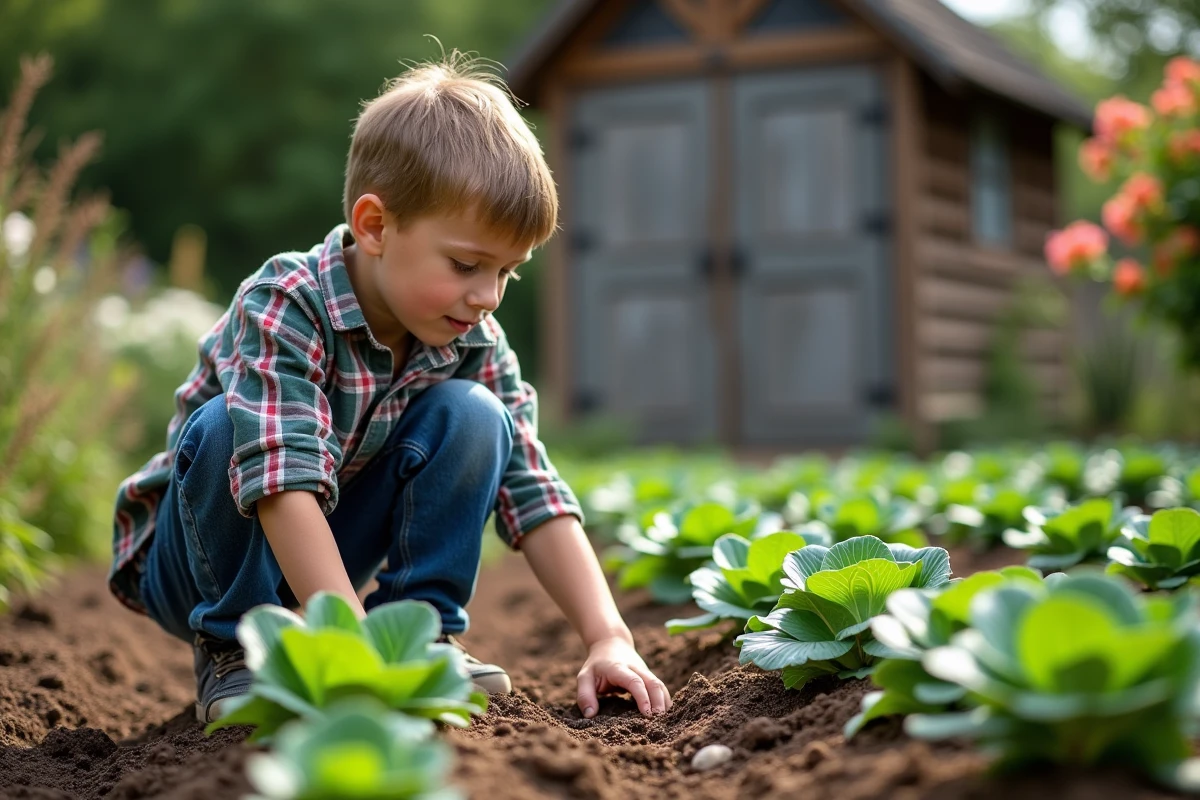 Garçon appliquant paillis autour de jeunes laitues dans jardin