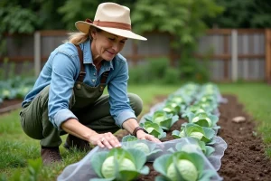 Femme jardinant avec filet sur jeunes laitues dans jardin