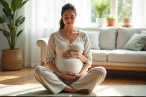 Femme enceinte pratiquant la relaxation sur un tapis de yoga dans un salon naturel et lumineux