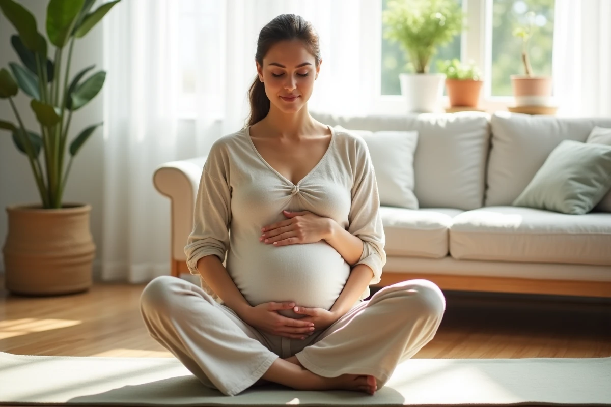 Femme enceinte pratiquant la relaxation sur un tapis de yoga dans un salon naturel et lumineux