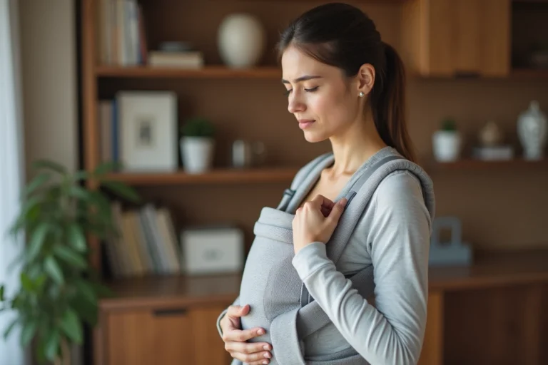 Jeune mère ajustant un porte-bébé avec une légère douleur thoracique visible, dans un salon chaleureux