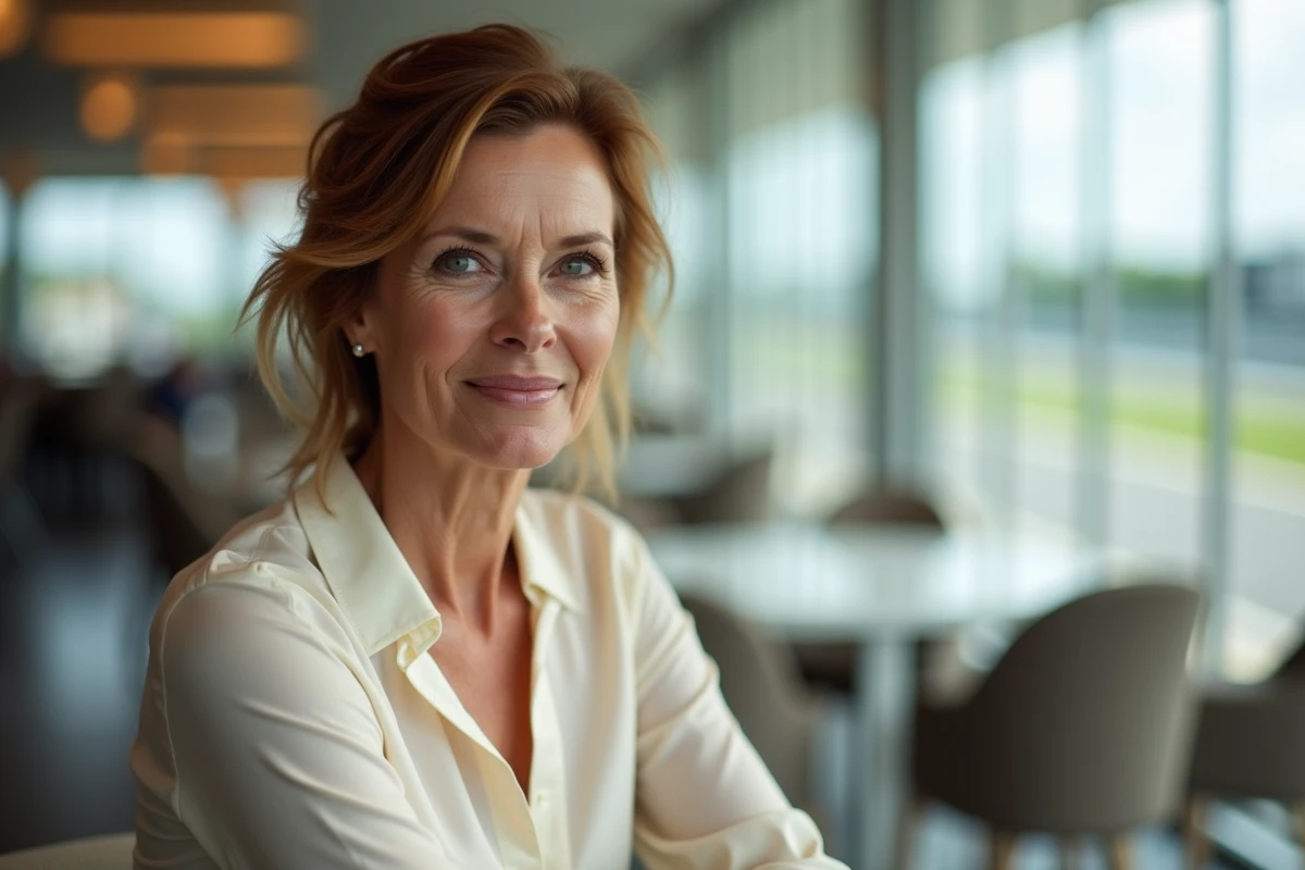 Femme distinguée dans une suite hospitalité VIP surplombant un circuit automobile, évoquant l'univers familial d'un pilote de F1