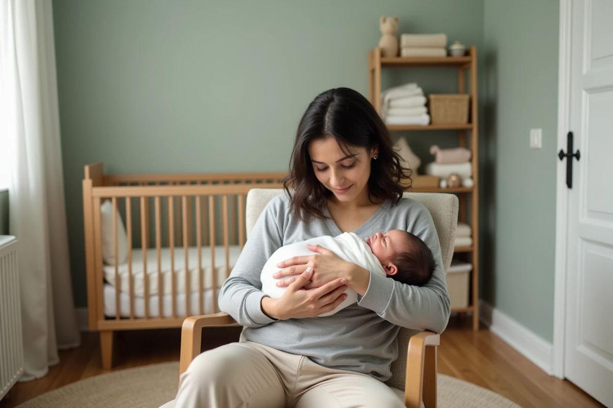 Jeune mère tenant son nouveau-né dans les bras dans une chambre de bébé apaisante et naturelle