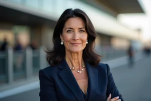 Femme élégante d'une cinquantaine d'années dans un environnement de paddock de Formule 1, représentant la mère d'un pilote automobile
