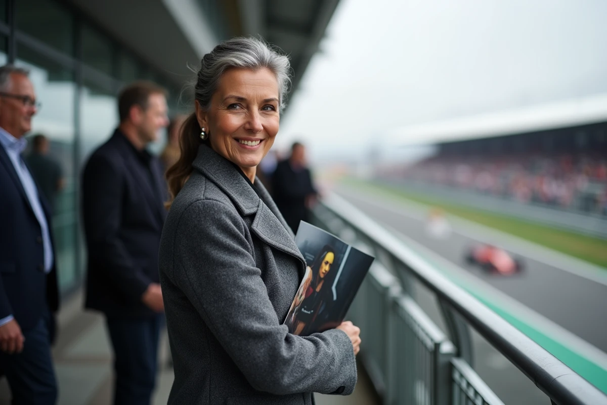 Femme élégante sur une terrasse de circuit automobile lors d'un grand prix, illustrant la présence d'une mère de pilote de Formule 1