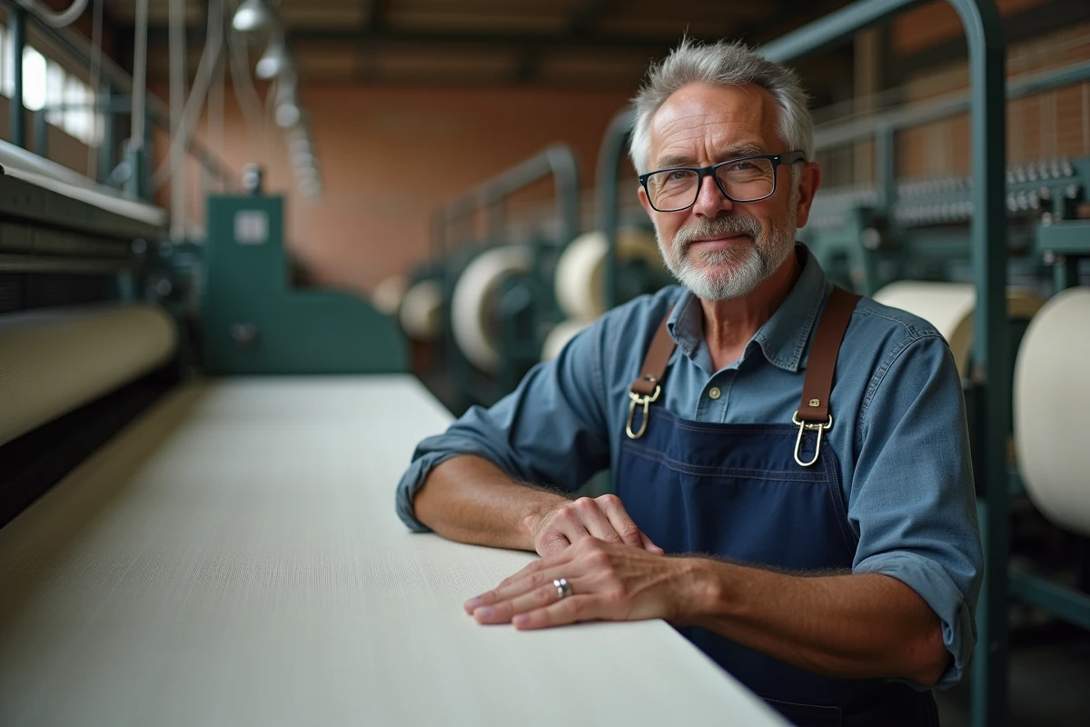 Ouvrier textile dans une usine de fabrication de tissu durable et biologique avec métier à tisser industriel