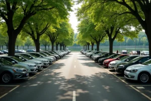 Parking organisé près des bords de Meurthe à Nancy avec vue sur les berges verdoyantes