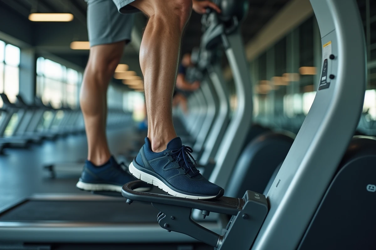 Homme utilisant correctement un vélo elliptique avec les pieds bien à plat sur les pédales en salle de fitness