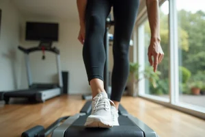 Femme montrant le bon positionnement des pieds sur un vélo elliptique dans une salle de sport à domicile