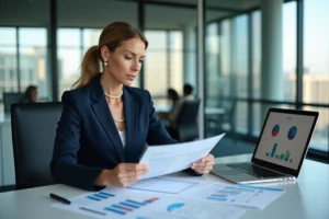 Professionnelle en blazer marine analysant des contrats énergie BtoB dans un bureau moderne avec tableaux de bord numériques