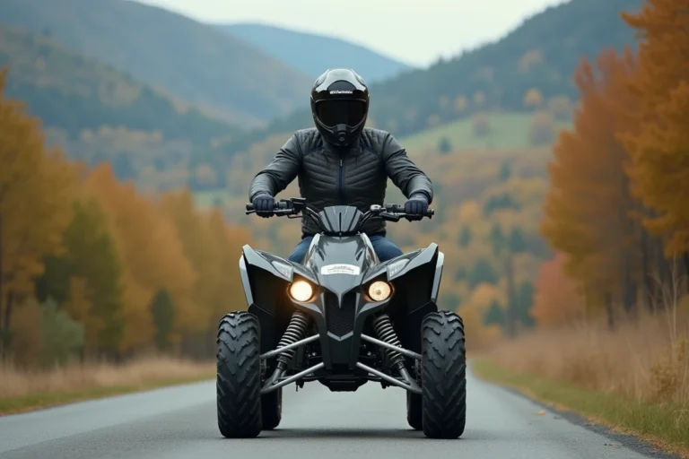 Homme adulte équipé d'un casque intégral et d'une veste de moto assis sur un quad homologué route avec plaque d'immatriculation sur une route rurale goudronnée