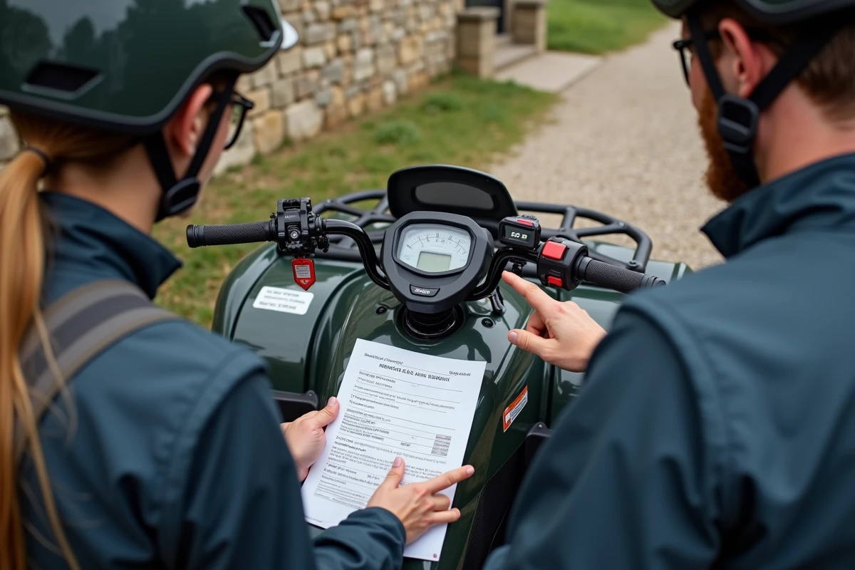 Deux adultes en équipement de moto inspectant le tableau de bord et les documents d'homologation d'un quad route devant une ferme en pierre