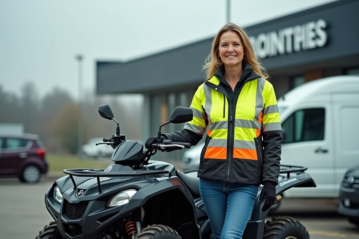 Femme adulte en veste de moto haute visibilité debout à côté d'un quad homologué route devant une concession de véhicules