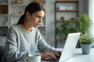 Femme utilisant un ordinateur portable pour récupérer son mot de passe oublié sur un espace locataire en ligne