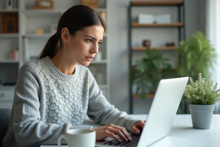 Femme utilisant un ordinateur portable pour récupérer son mot de passe oublié sur un espace locataire en ligne