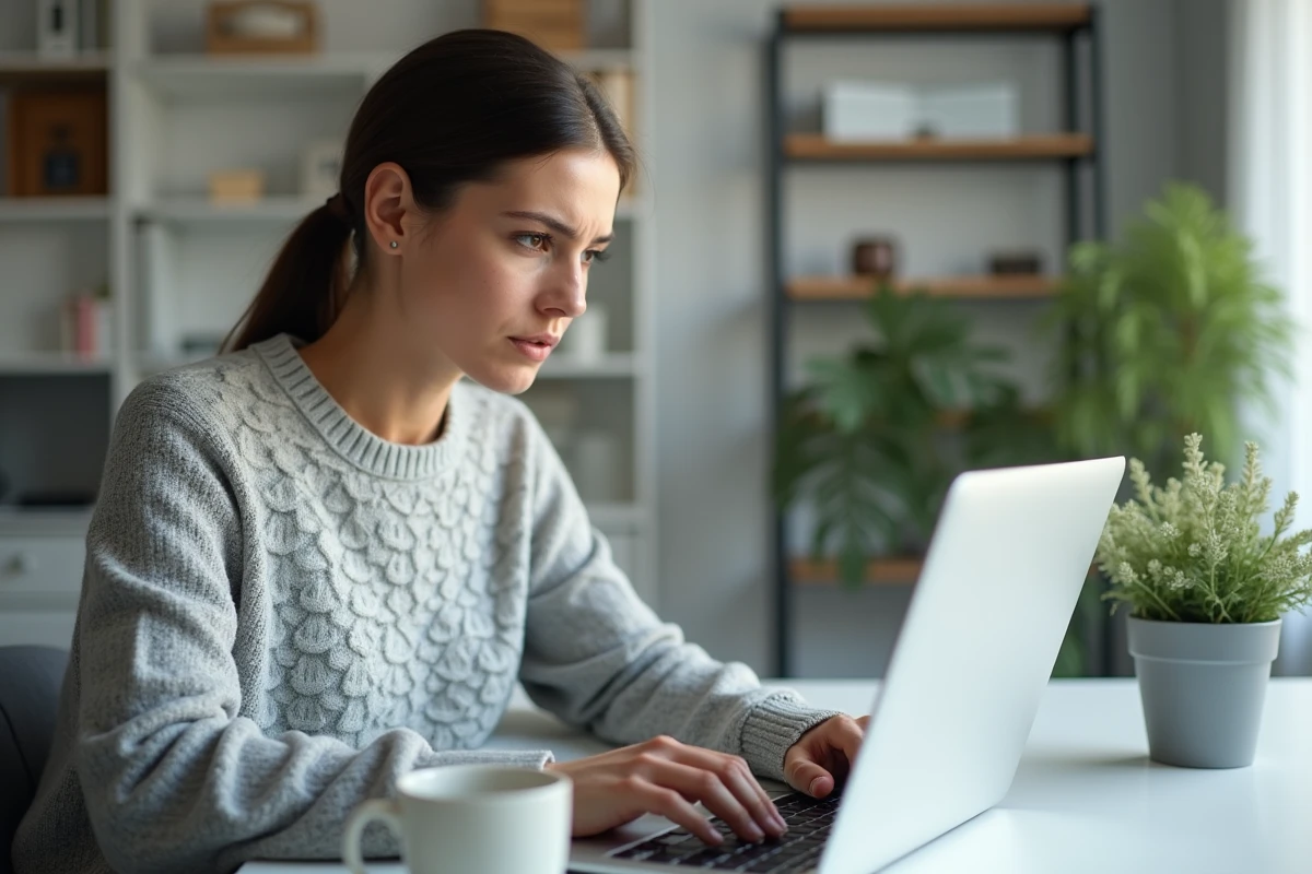 Femme utilisant un ordinateur portable pour récupérer son mot de passe oublié sur un espace locataire en ligne