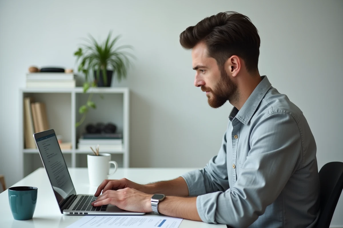 Homme rédigeant un modèle de termes de référence sur ordinateur dans un bureau à domicile